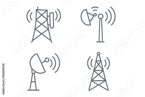 Four communication towers and antennas transmitting wireless signals for network technology