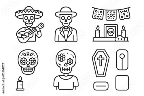 Traditional Mexican Day of the Dead symbols including calaveras, mariachi skeleton, and altar elements