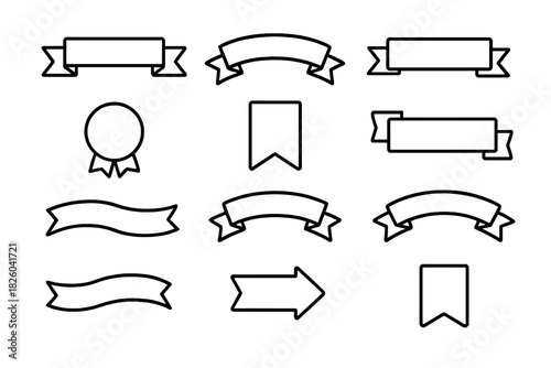 Outline set of ribbon banners, award rosette, bookmark flags, and arrow shapes