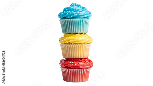 Stack of three cupcakes with colorful frosting blue, yellow, and red, sprinkles on top