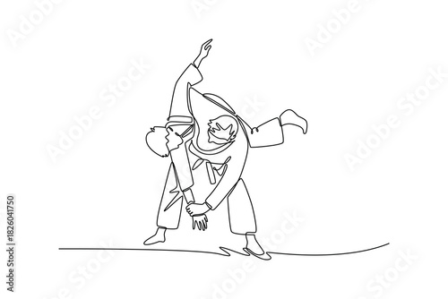 Single one line drawing two men are performing sacrifice throw in Judo, with one figure unbalancing other. Fluid motion and powerful technique. Continuous line draw design graphic vector illustration