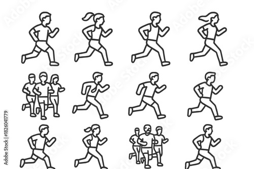 Simple outline pictograms showing men and women running and engaged in athletic activity
