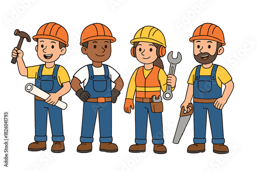 Diverse group of construction workers wearing hard hats and overalls holding various tools