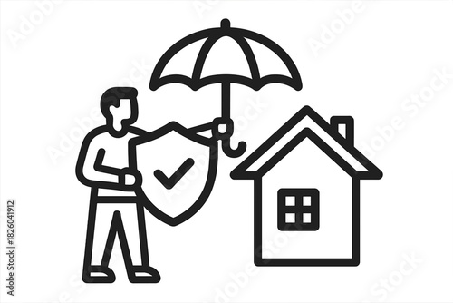 Person holding shield and umbrella protecting house symbolizing home insurance and property safety