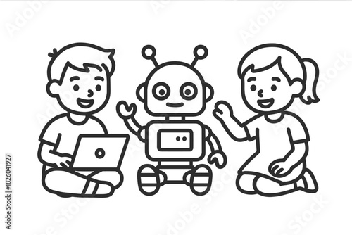 Young students learning technology and artificial intelligence with a robot companion