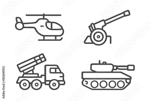 Military war machines collection including combat helicopter, artillery cannon, battle tank, and missile launcher truck