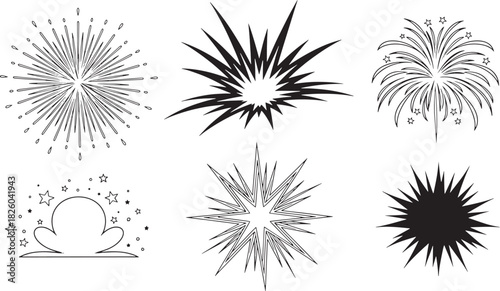 Set of diverse graphic explosion and firework elements, dynamic burst shapes, stylized spark effects, and starburst designs in black and white Vector