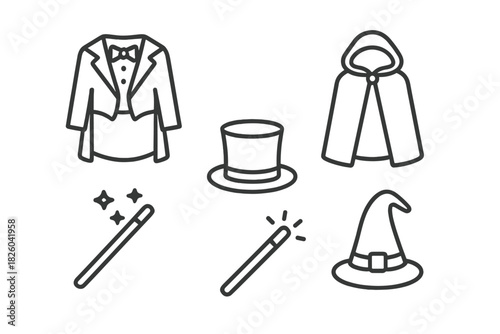 Magician and wizard accessories set with hat, cape, jacket, and wands