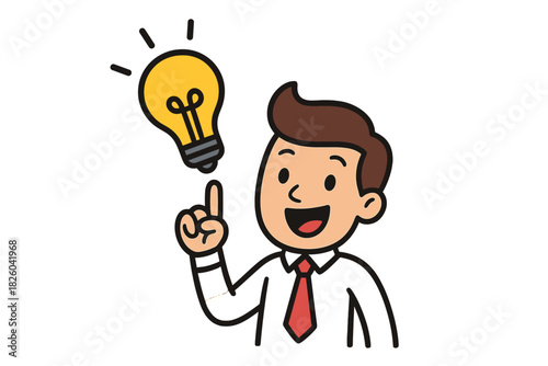 Happy businessman pointing up at a glowing lightbulb symbolizing new idea and solution
