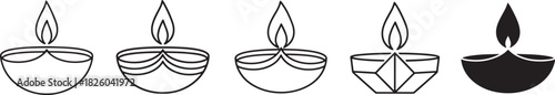 Set of traditional indian oil lamps (diyas) in various outline styles and one solid icon, symbolizing light, celebration, and spirituality Vector