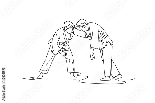 Single one line drawing two men are locked in close-quarters grapple for collar and sleeve. Strategic and focused intensity Judo combat. Modern continuous line draw design graphic vector illustration