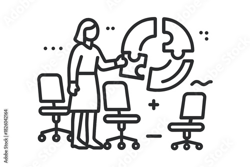 Professional woman completing a circular puzzle, representing business solution and strategy