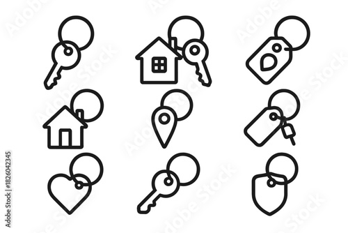 Collection of outline icons depicting keys and keychains with symbolic tags for security