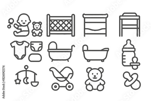 Baby care essentials including furniture, feeding accessories, and clothing