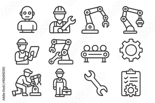 Industrial automation and robotics featuring engineers, mechanical arms, maintenance tools, and factory equipment