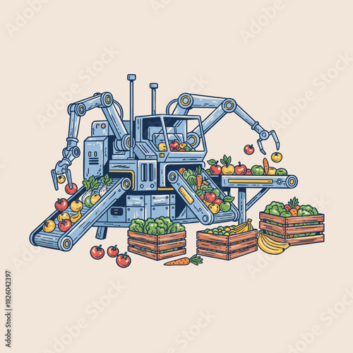 Automated Farm Harvester.Robotic Produce Sorter.Futuristic Agriculture Machine.Food Processing Technology.Vector Smart Farming Concept
