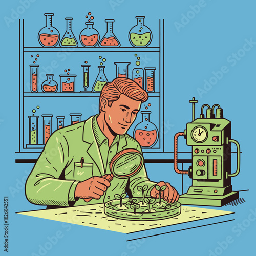 Scientist Examines Seedlings.Botany Research Lab Illustration.Vintage Style Science Expert.Biologist With Magnifying Glass.Laboratory Experiment Vecto