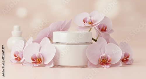 Wallpaper Mural Elegant white cosmetic jar surrounded by pink orchids against soft background Torontodigital.ca