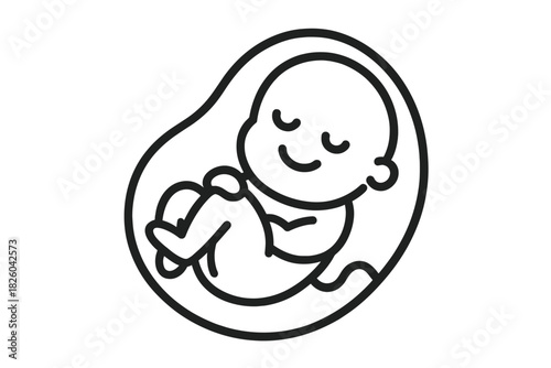 Happy baby fetus curled inside the mother's womb, minimalist black design