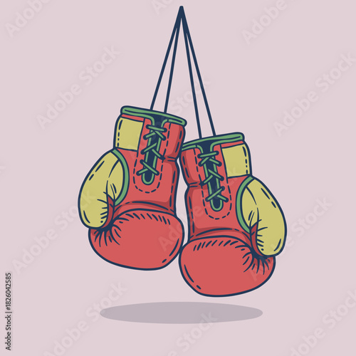 Hanging Boxing Gloves Illustration.Retro Fight Gloves Vector.Vintage Sport Gear Art.Boxing Training Equipment.Gym and Fitness Emblem