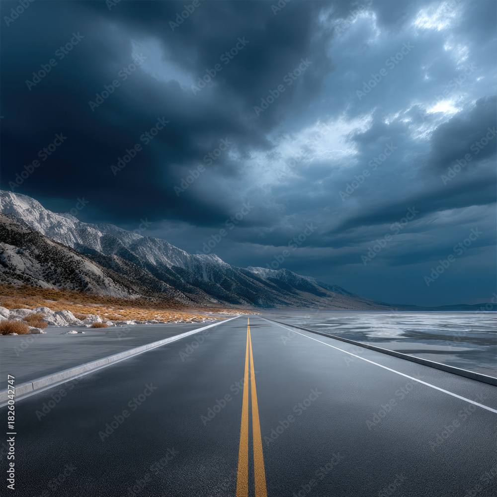 Naklejka premium Deserted road stretches toward distant mountains under dramatic storm clouds, wet pavement reflecting moody blue sky, sense of isolation