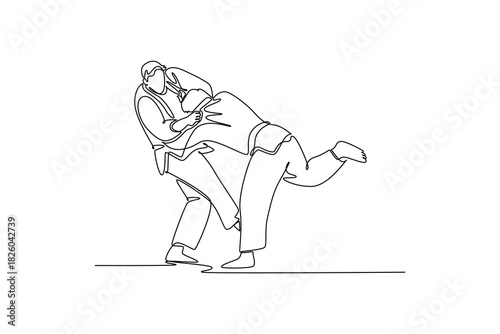 Continuous one line drawing two men are locked in close-quarters grapple with one executing hip-and-leg throw setup. Technique and strength of Judo. Single line draw design vector graphic illustration
