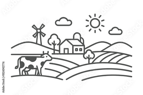 Rural agricultural landscape with a spotted cow, farmhouse, silo, windmill, and rolling cultivated fields