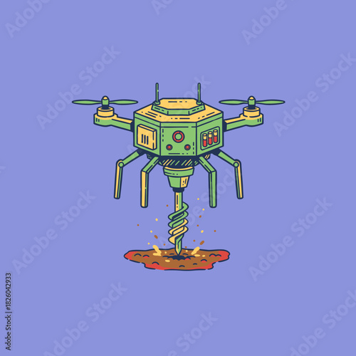 Drilling Drone Mascot.Future Auger Robot.Sci Fi Exploration Vehicle.Automated Mining Device.Vector Drill Illustration
