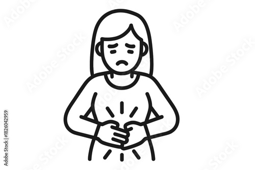 Woman holding stomach suffering from severe abdominal pain and distressed expression