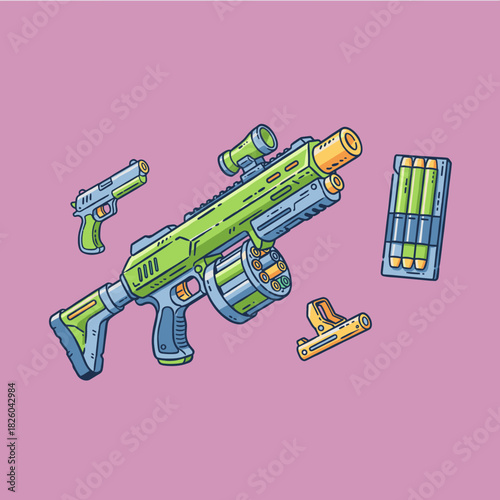 Foam Dart Toy Blaster Set.Cartoon Blaster Weapons Vector.Kids Toy Rifle and Pistol Art.Detailed Dart Gun Collection.Bright Plastic Battle Gear