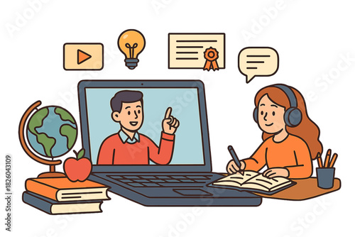 Student studying online course via laptop surrounded by educational icons