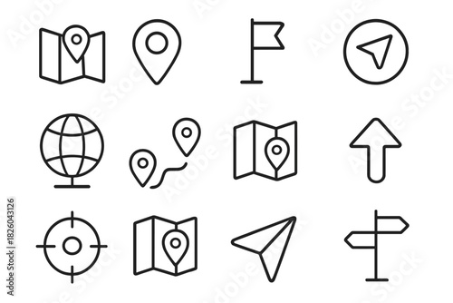 Black line symbols for GPS tracking, mapping, location services, and digital navigation