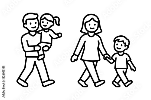 Happy family walking together parents and two children simple outline black and white