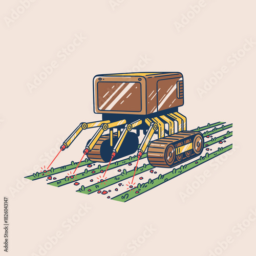 Smart farming robot.Agricultural laser drone.Automated weed removal.Future technology farming.Precision agriculture machine