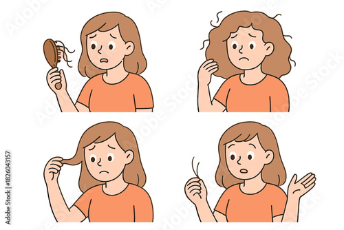 Young woman character showing distress and concern over hair loss and damaged strands