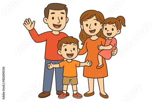 Cheerful family portrait of parents and two happy children standing together and smiling