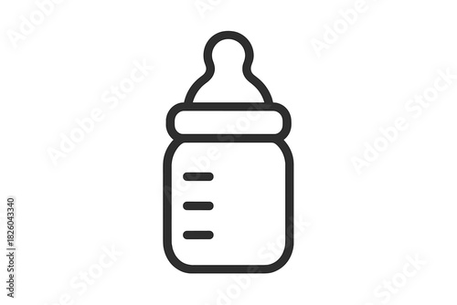 Simple black outline icon of a baby bottle with nipple for infant feeding and newborn care