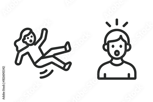 Falling accident risk and surprised reaction symbols for safety warnings
