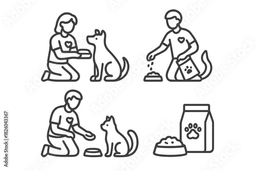 People feeding and caring for domestic dogs and cats with pet food