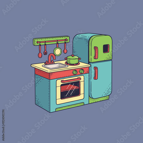 Cute Retro Kitchen Set Illustration.Vintage Style Toy Kitchen Furniture.Cartoon Stove and Fridge Appliance.Play Cooking Station Vector Art.Domestic Eq
