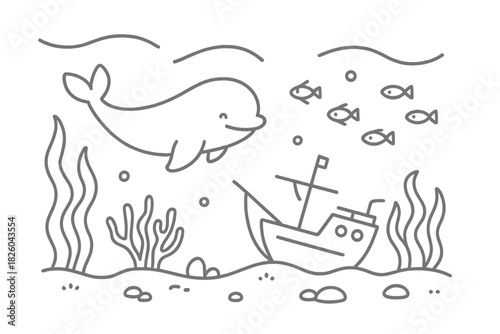 Cute whale swimming near a sunken shipwreck and small fish on the ocean floor