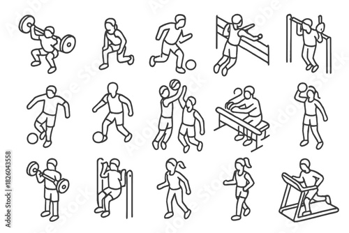 Isometric outline set of fitness, sports, and physical exercise concepts for health and training