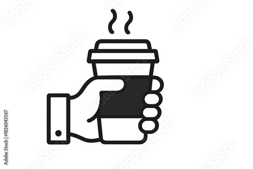 Hand holding a steaming disposable coffee cup with a sleeve on a white background
