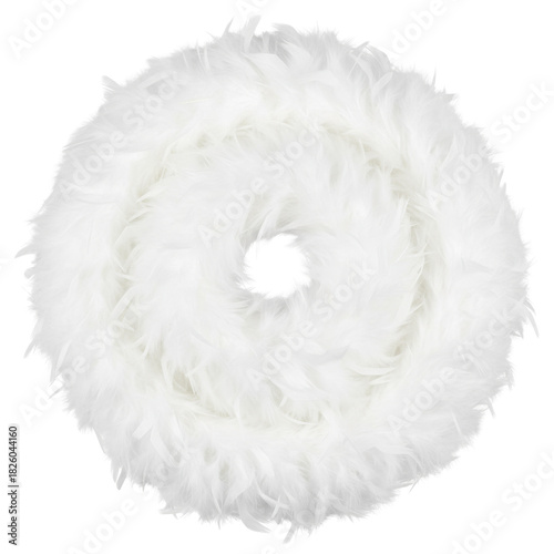A close-up overhead view of a fluffy white feather boa with a dark center
