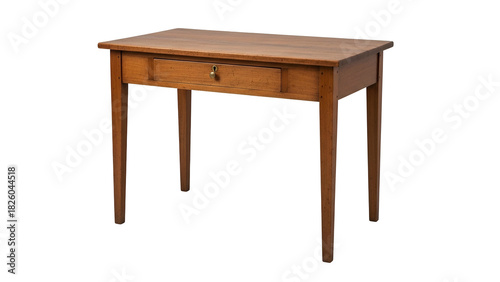 A small, wooden desk with a single drawer and slender legs, isolated on black