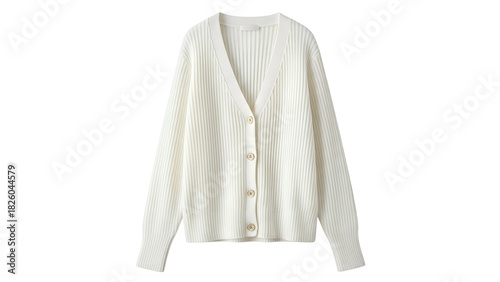 Cream-colored ribbed cardigan with a V-neck and wooden buttons, isolated on black