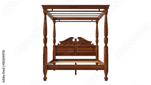 A regal, dark wood four-poster bed with carved headboard and twisted columns, isolated