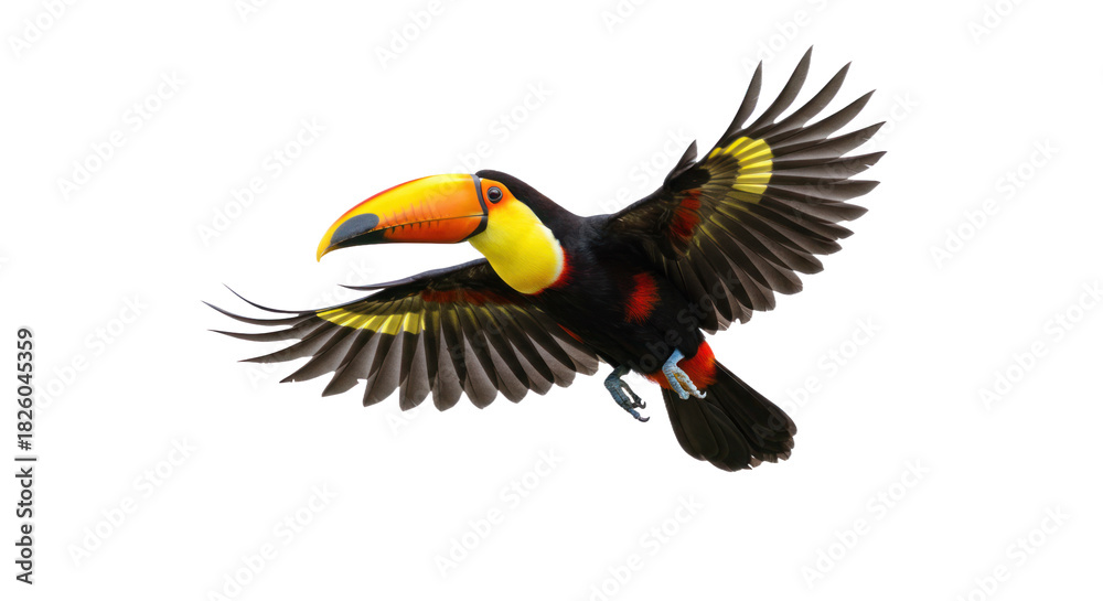 Obraz premium Vibrant Toucan Bird Flying with Wings Spread Isolated on Black Background