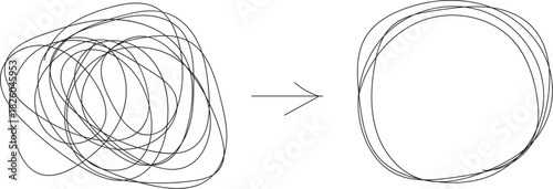 Chaotically tangled line and untied knot in form of circle. Abstract line art drawing of two objects. A minimalist black and white line drawing depicts two abstract, organic shapes with intricate