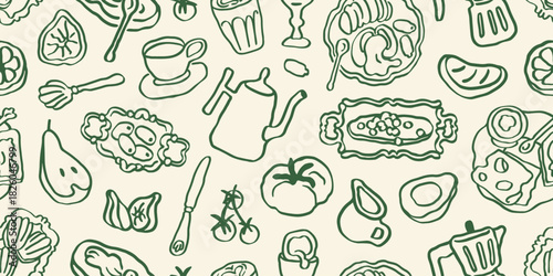 Food sketches, doodle pattern. Seamless endless background, coffee, tea and utensils in vintage Italian Dolce Vita style. Repeating print, texture for textile design. Hand-drawn vector illustration